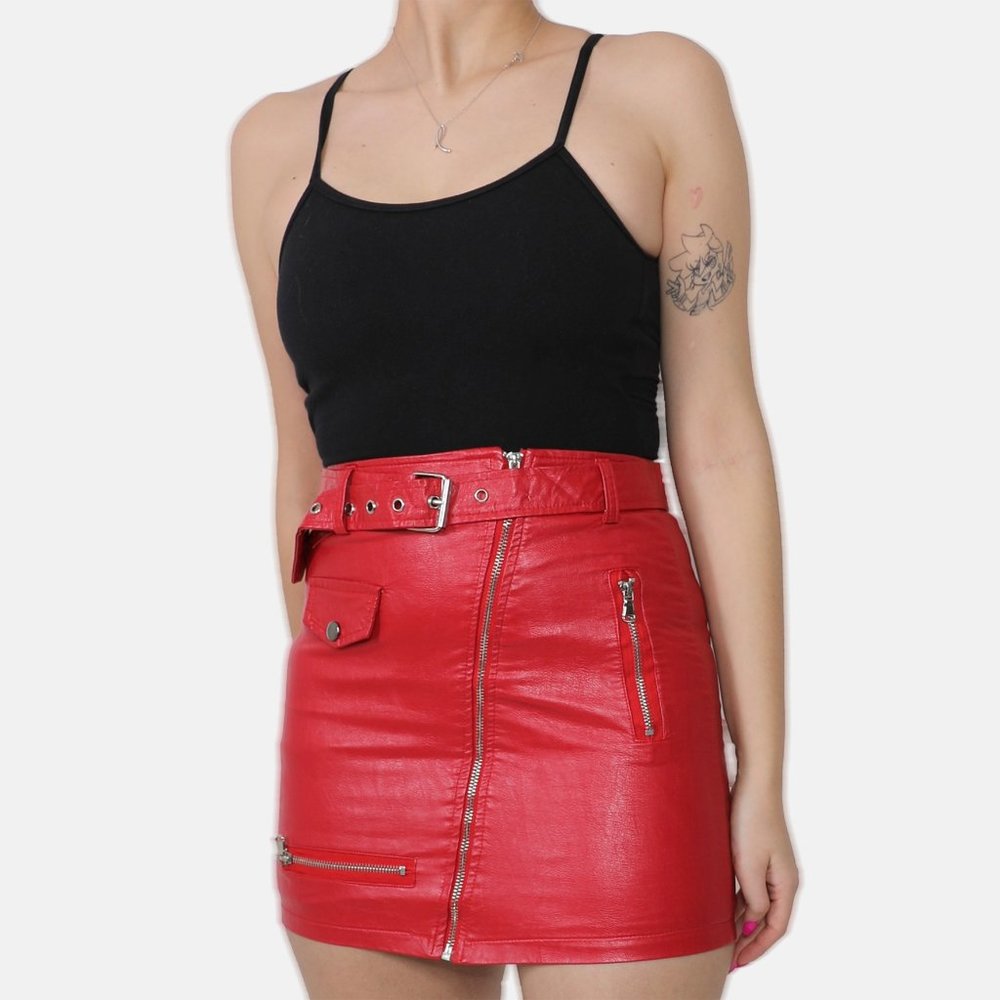 RED PVC VEGAN LEATHER MOTO BIKER JACKET SKIRT